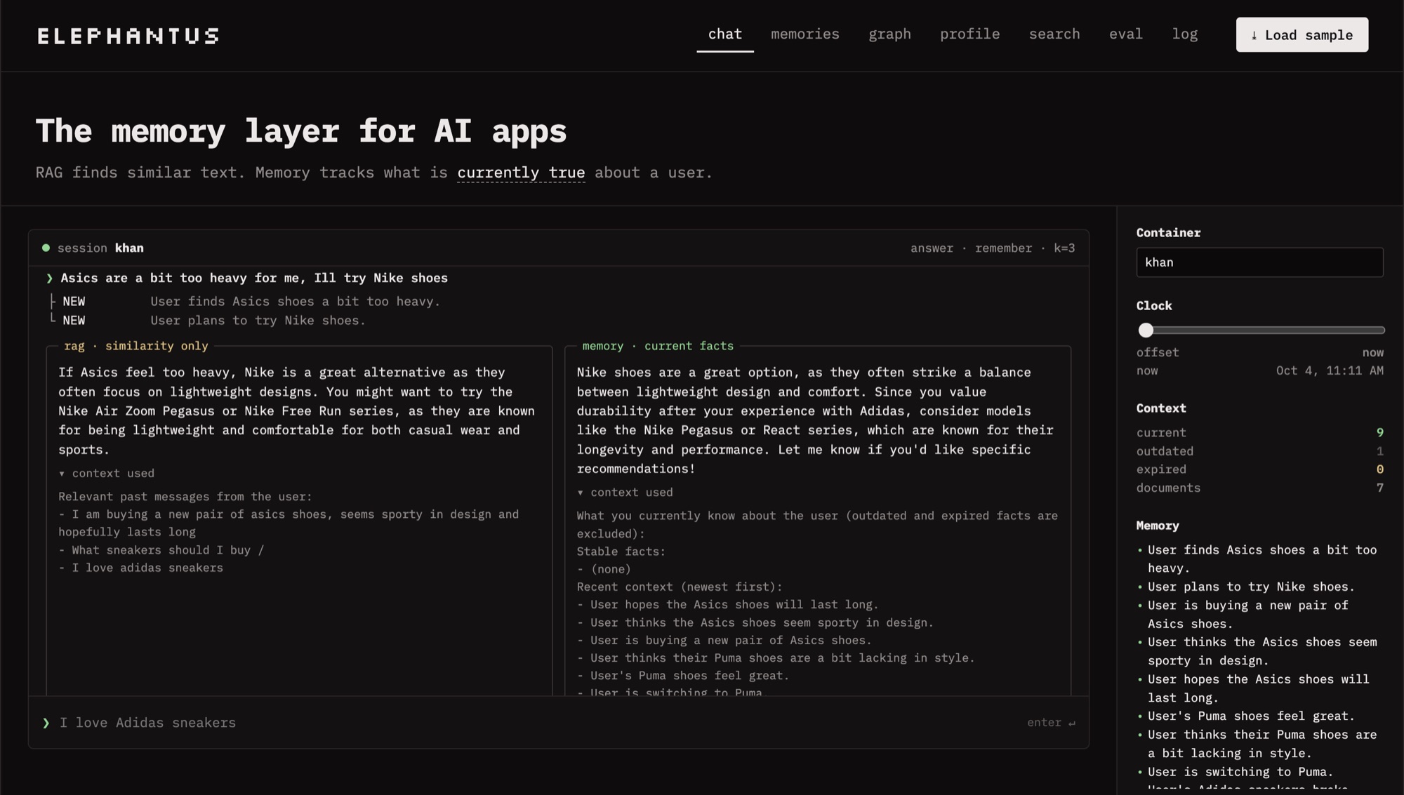 Elephantus chat tab: a message is broken into two NEW facts, followed by two answers side by side, one from similarity-only RAG and one from current memory facts, each with the context it used