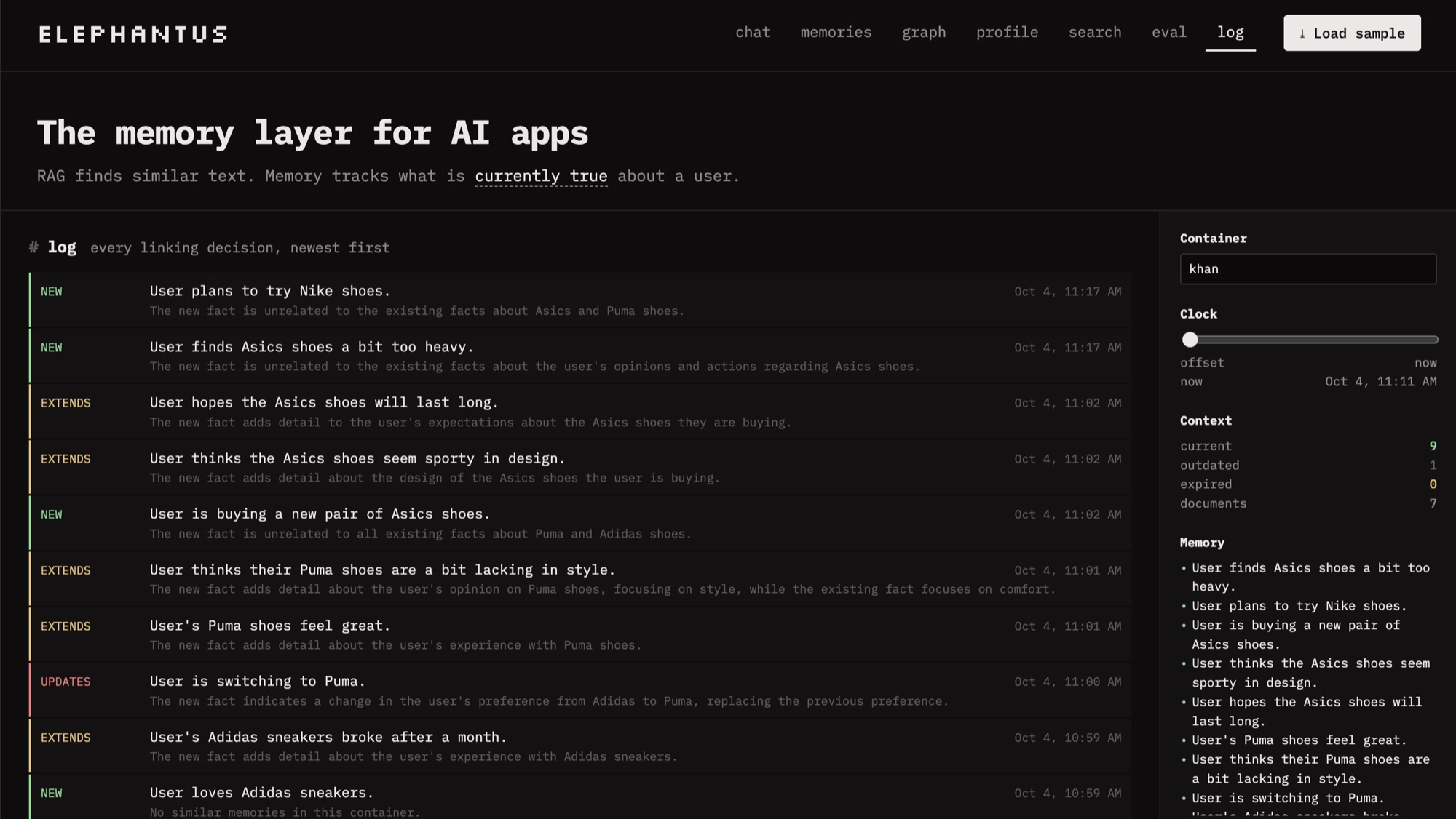 Elephantus log tab: a list of linking decisions (NEW, EXTENDS, UPDATES), each with the fact, the judge's one-line reason and a timestamp