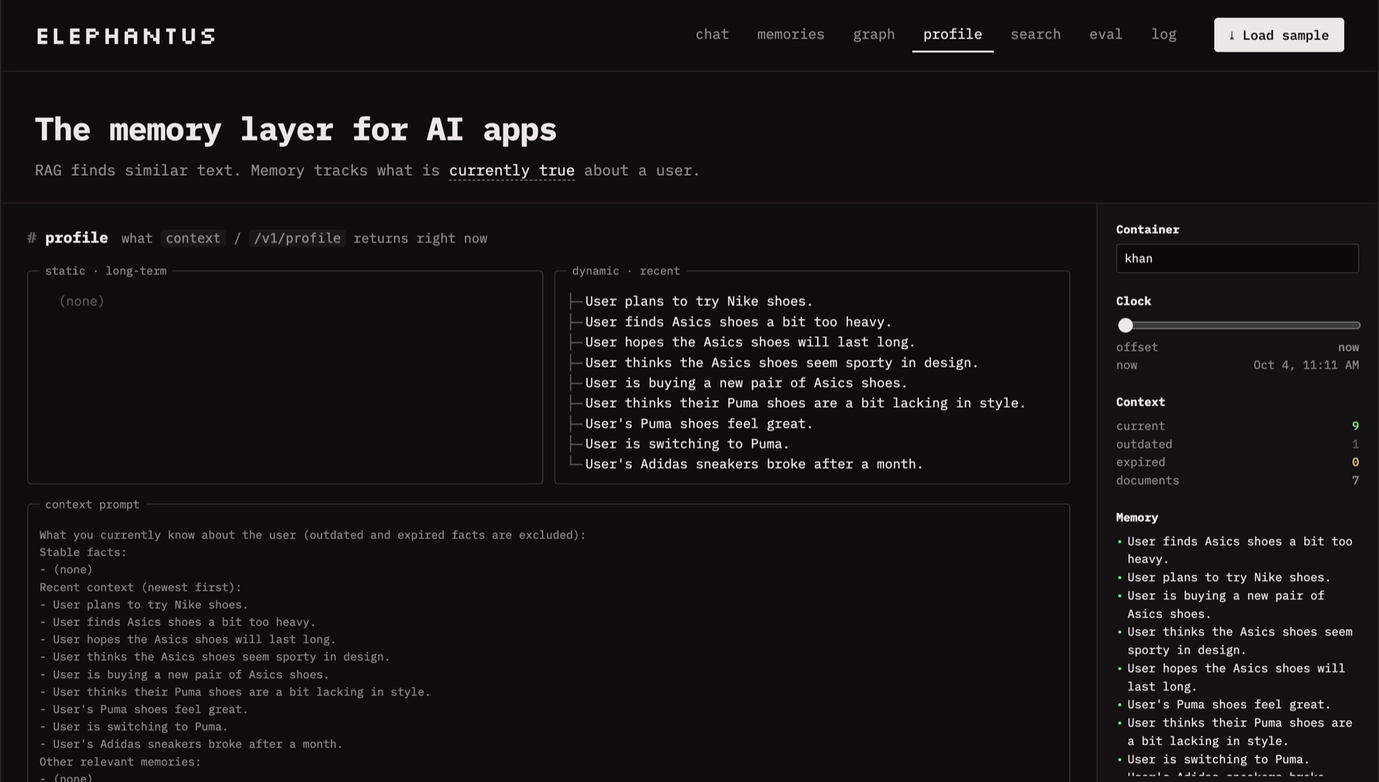 Elephantus profile tab: static long-term facts on the left, recent dynamic facts on the right, and the exact context prompt below